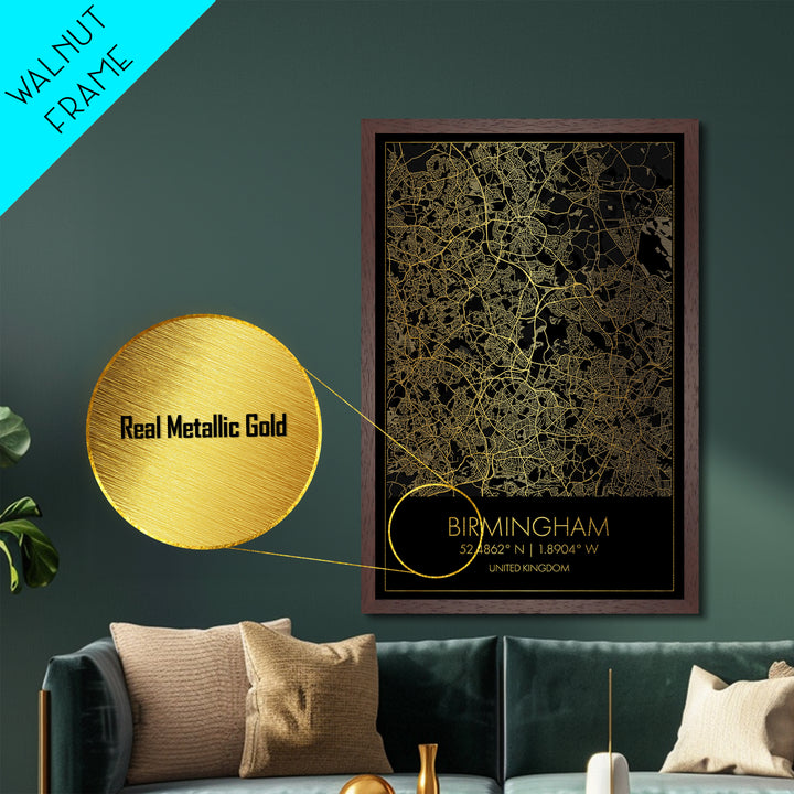 Birmingham United Kingdom City Poster, Metallic Gold Art, Metal Art, real wood frames, black and gold, Gold Street Map Art, Best Friend Gift