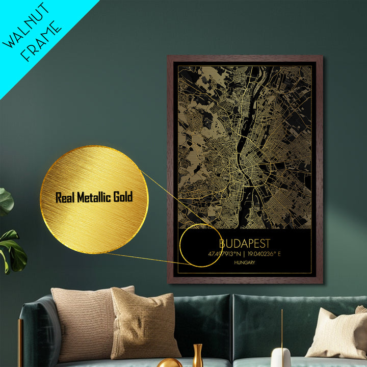 Budapest Hungary City Poster, Metallic Gold Art, Metal Art, real wood frames, black and gold, Minimalist Wall Art, Map Print Poster
