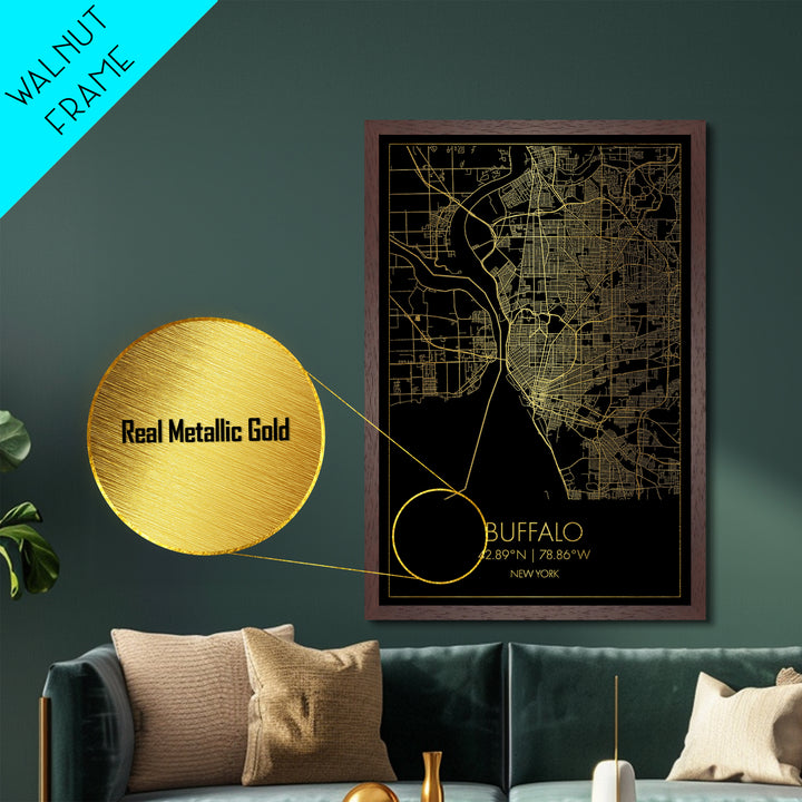 Buffalo New York City street map, Metallic Gold Print, Metal Art, wood framed map, black and gold, Street Map Art, Office Decor