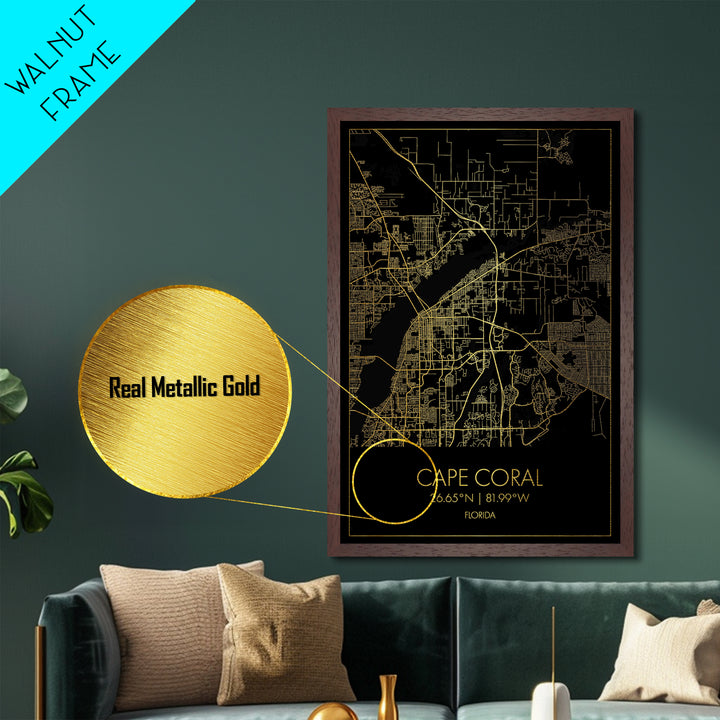 Cape Coral Florida City Poster, Metallic Gold Art, Metal Art, real wood frames, black and gold, Map Art, Best Friend Gifts