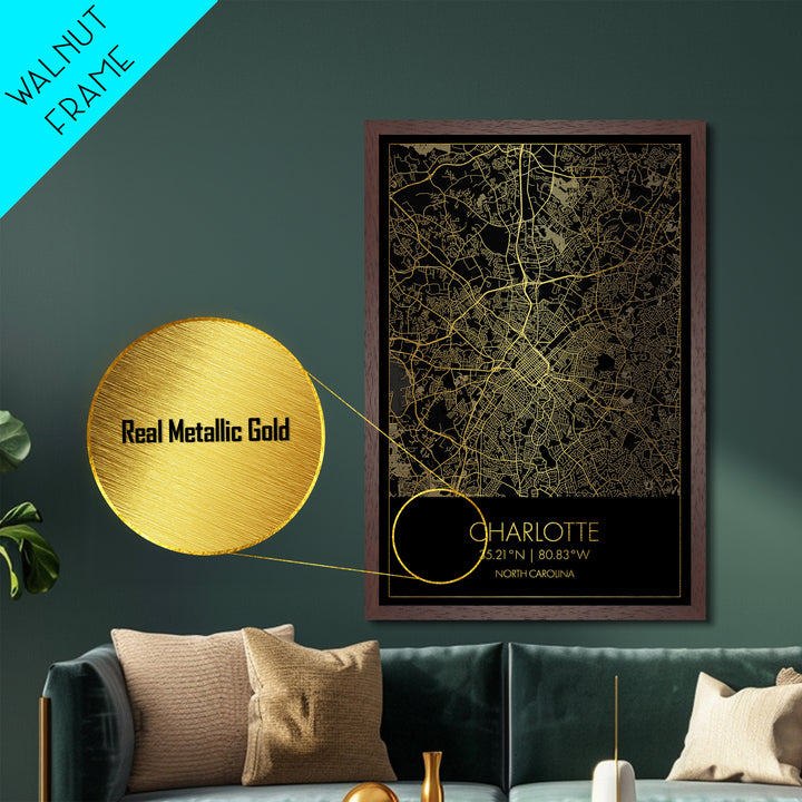 Charlotte North Carolina City Poster, Metallic Gold Art, Metal Art, real wood frames, black and gold, Minimalist Wall Art, Map Print Poster