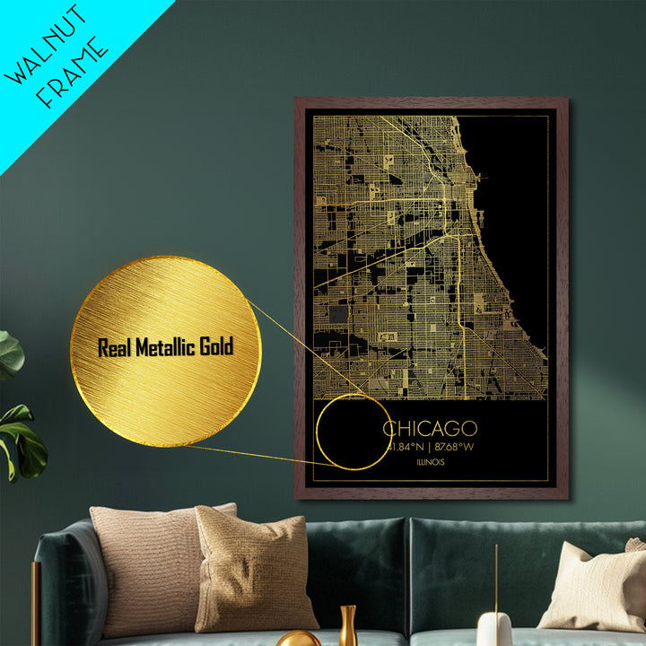 Chicago Illinois City street map, Metallic Gold Print, Metal Art, wood framed map, black and gold, Gold Street Map Art, Modern Wall Art