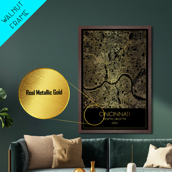 Cincinnati Ohio City Poster, Metallic Gold Art, Metal Art, real wood frames, black and gold, Map Art, Best Friend Gifts