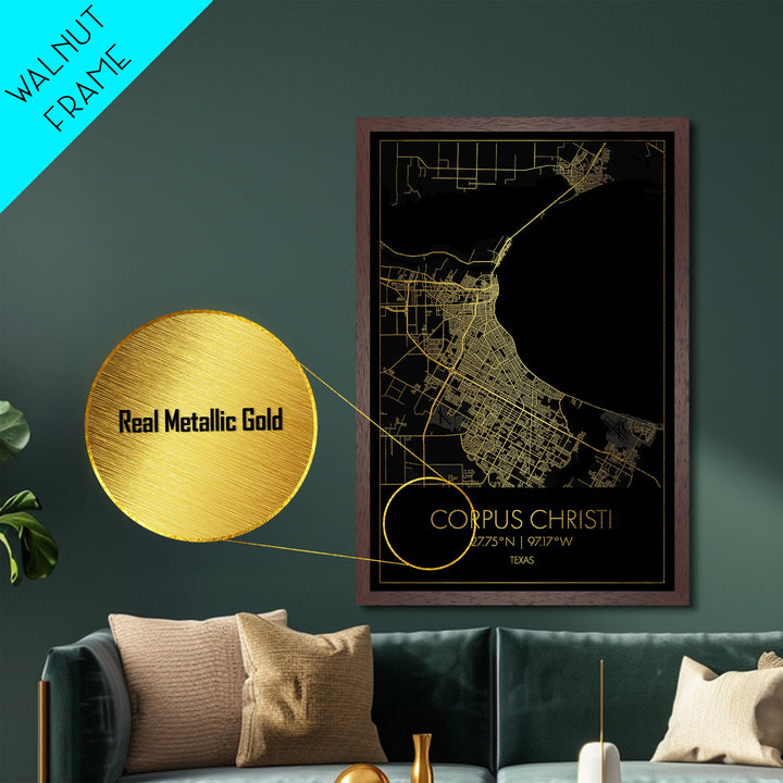 Corpus Christi Texas City street map, Metallic Gold Print, Metal Art, wood framed map, black and gold, Gold Street Map Art, Modern Wall Art
