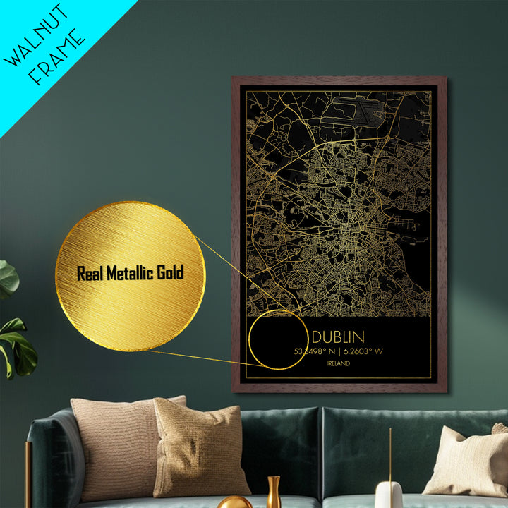 Dublin Ireland City Poster, Metallic Gold Art, Metal Art, real wood frames, black and gold, Street Map Art, Modern House Art