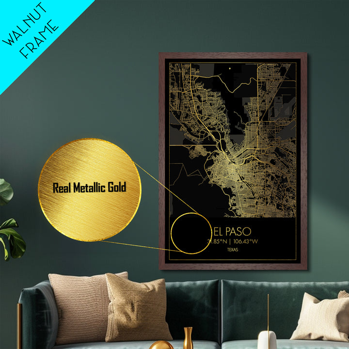 El Paso Texas City Poster, Metallic Gold Art, Metal Art, real wood frames, black and gold, Minimalist Wall Art, Map Print Poster