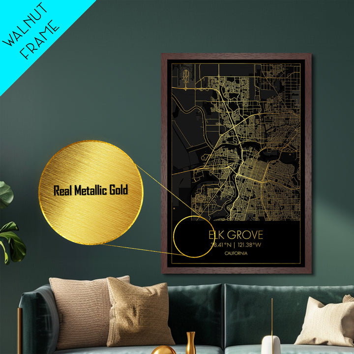 Elk Grove California City street map, Metallic Gold Print, Metal Art, wood framed map, black and gold, Gold Street Map Art, Modern Wall Art