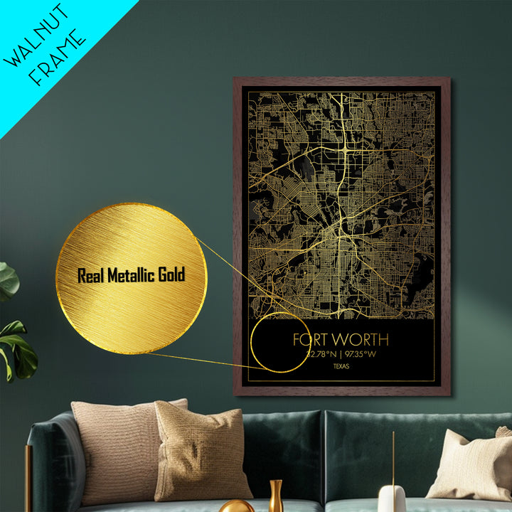 Fort Worth Texas City Poster, Metallic Gold Art, Metal Art, real wood frames, black and gold, Map Art, Best Friend Gifts