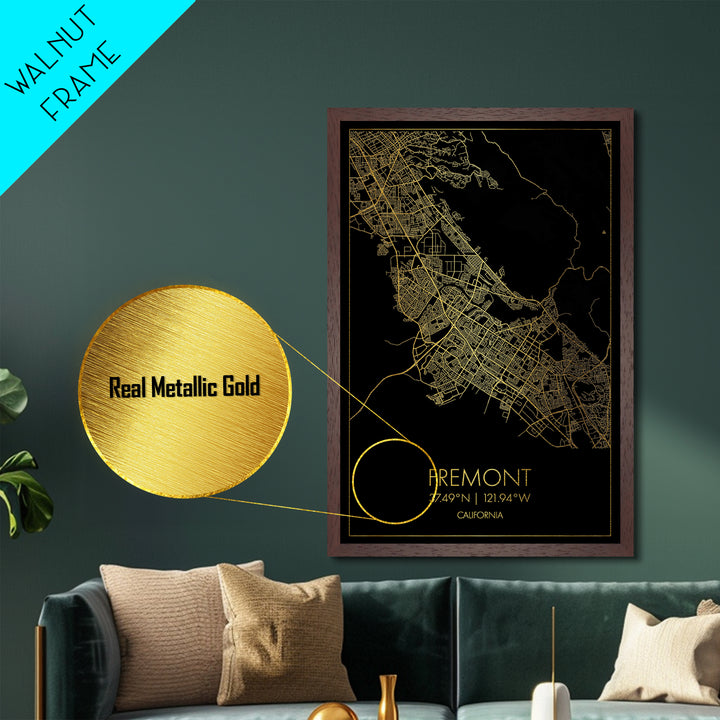 Fremont California City street map, Metallic Gold Print, Metal Art, wood framed map, black and gold, Gold Street Map Art, Modern Wall Art
