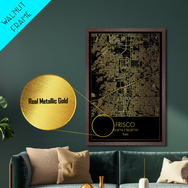 Frisco Texas City street map, Metallic Gold Print, Metal Art, wood framed map, black and gold, Street Map Art, Office Decor