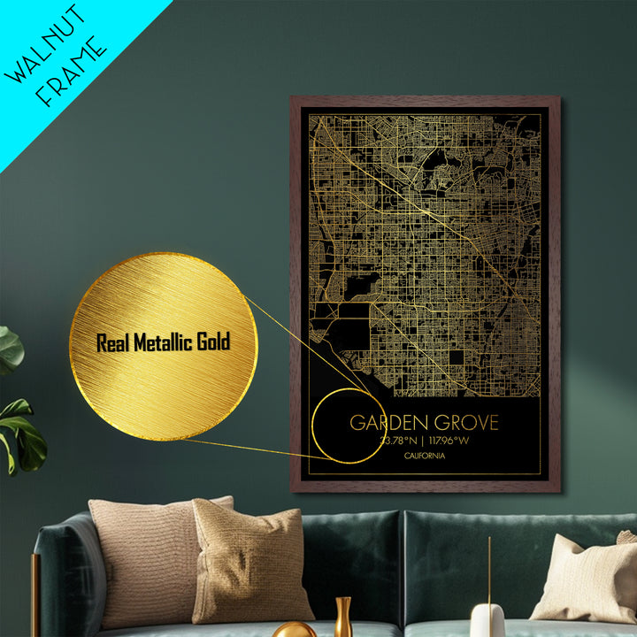 Garden Grove California City Poster, Metallic Gold Art, Metal Art, real wood frames, black and gold, Map Art, Best Friend Gifts