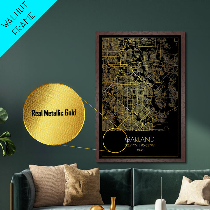 Garland Texas City street map, Metallic Gold Print, Metal Art, wood framed map, black and gold, Gold Street Map Art, Modern Wall Art