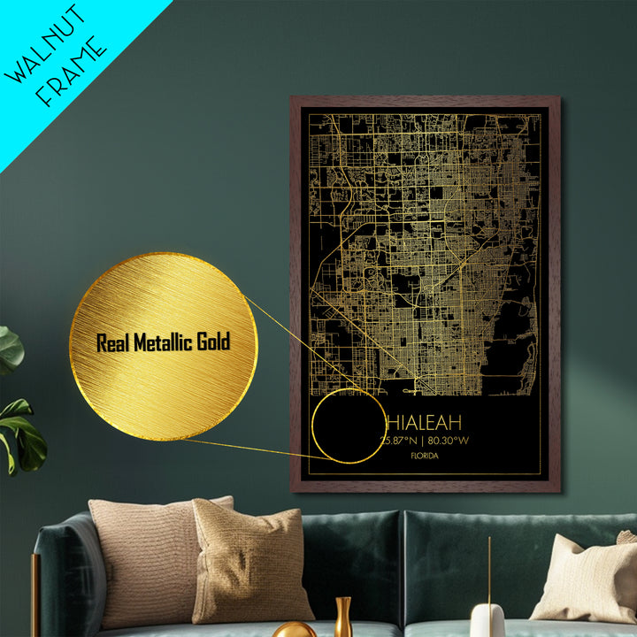 Hialeah Florida City Poster, Metallic Gold Art, Metal Art, real wood frames, black and gold, Map Art, Best Friend Gifts