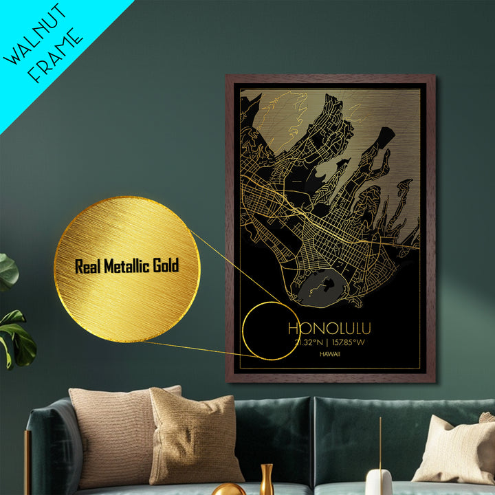Honolulu Hawaii City Poster, Metallic Gold Art, Metal Art, real wood frames, black and gold, Minimalist Wall Art, Map Print Poster