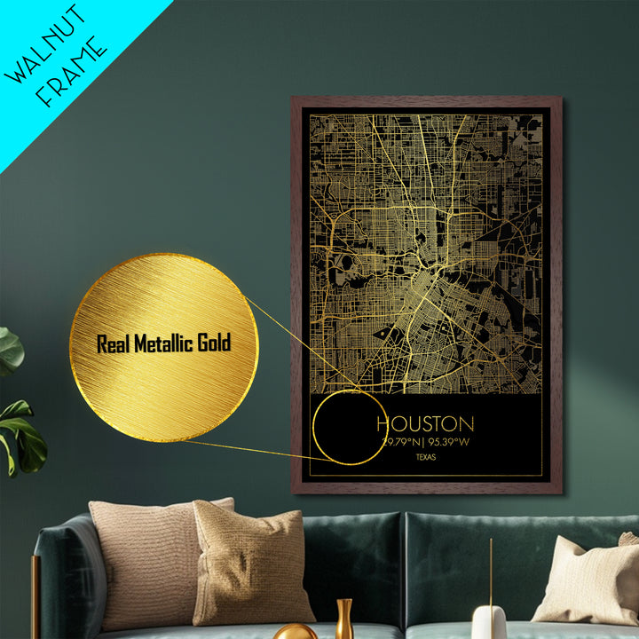 Houston Texas City street map, Metallic Gold Print, Metal Art, wood framed map, black and gold, Street Map Art, Office Decor