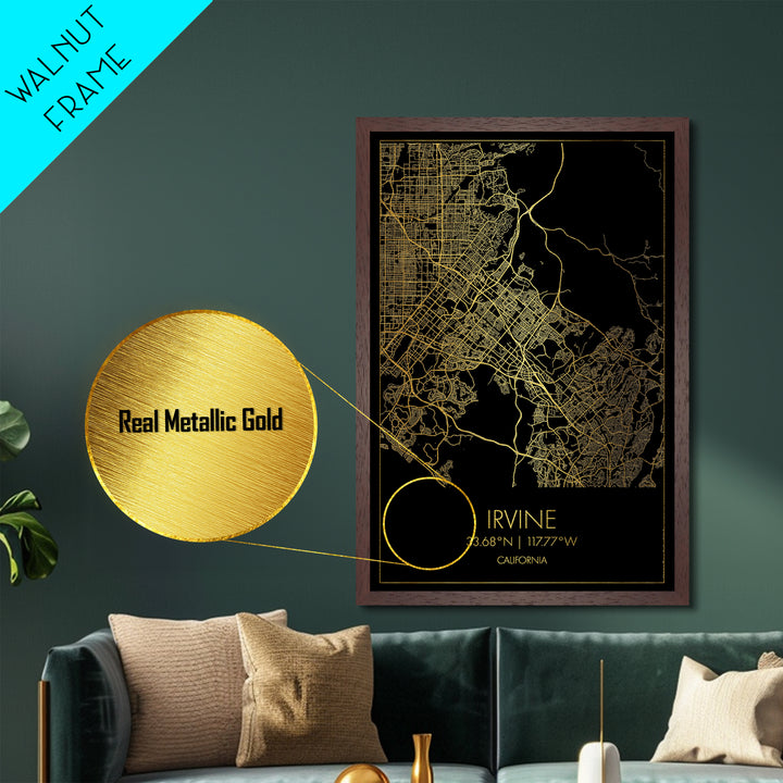 Irvine California City street map, Metallic Gold Print, Metal Art, wood framed map, black and gold, Street Map Art, Office Decor