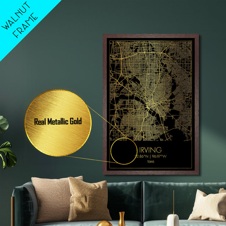 Irving Texas City Poster, Metallic Gold Art, Metal Art, real wood frames, black and gold, Map Art, Best Friend Gifts