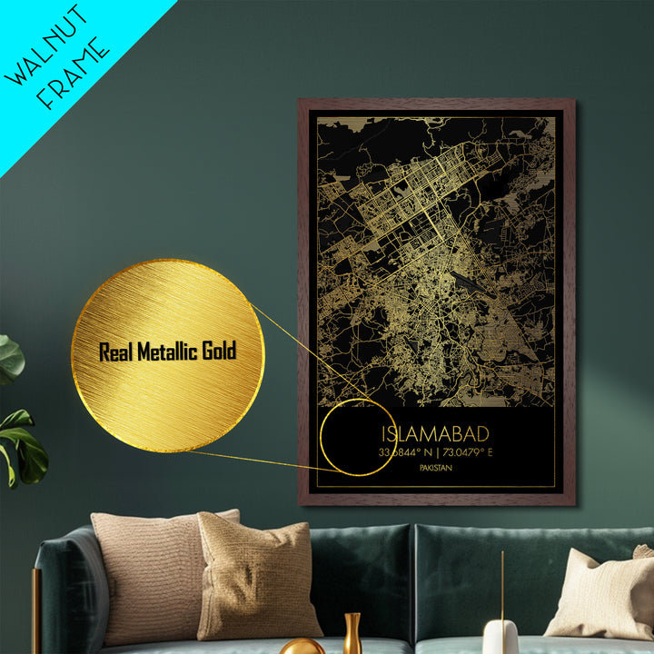Islamabad Pakistan City street map, Metallic Gold Print, Metal Art, wood framed map, black and gold, Gold Street Map Art, Modern Wall Art
