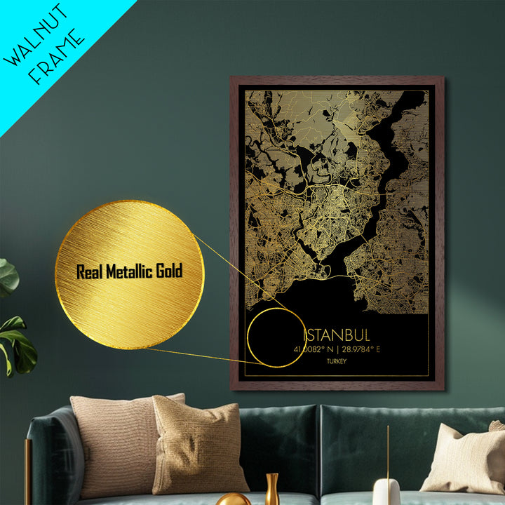 Istanbul Turkey City Poster, Metallic Gold Art, Metal Art, real wood frames, black and gold, Minimalist Wall Art, Map Print Poster