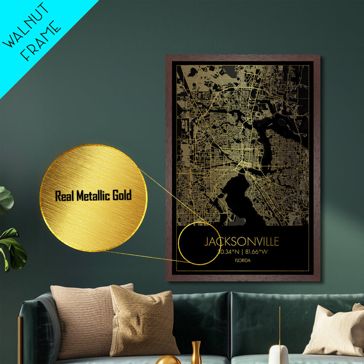 Jacksonville Florida City Poster, Metallic Gold Art, Metal Art, real wood frames, black and gold, Map Art, Best Friend Gifts