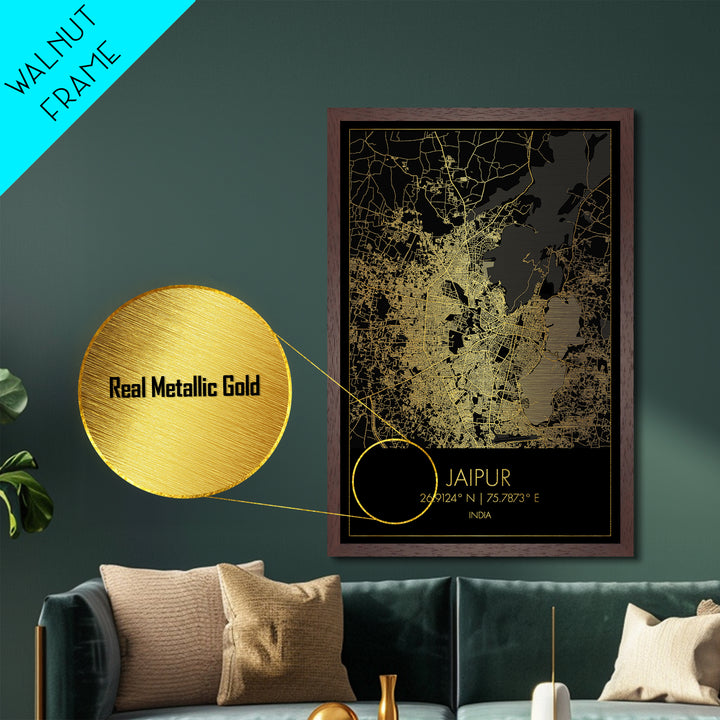 Jaipur India City street map, Metallic Gold Print, Metal Art, wood framed map, black and gold, Gold Street Map Art, Modern Wall Art