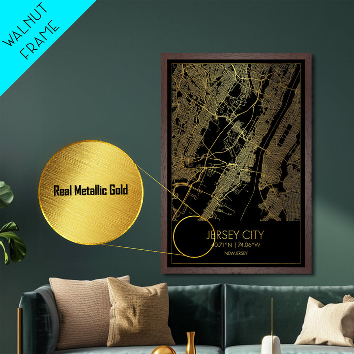 Jersey City New Jersey City Poster, Metallic Gold Art, Metal Art, real wood frames, black and gold, Minimalist Wall Art, Map Print Poster