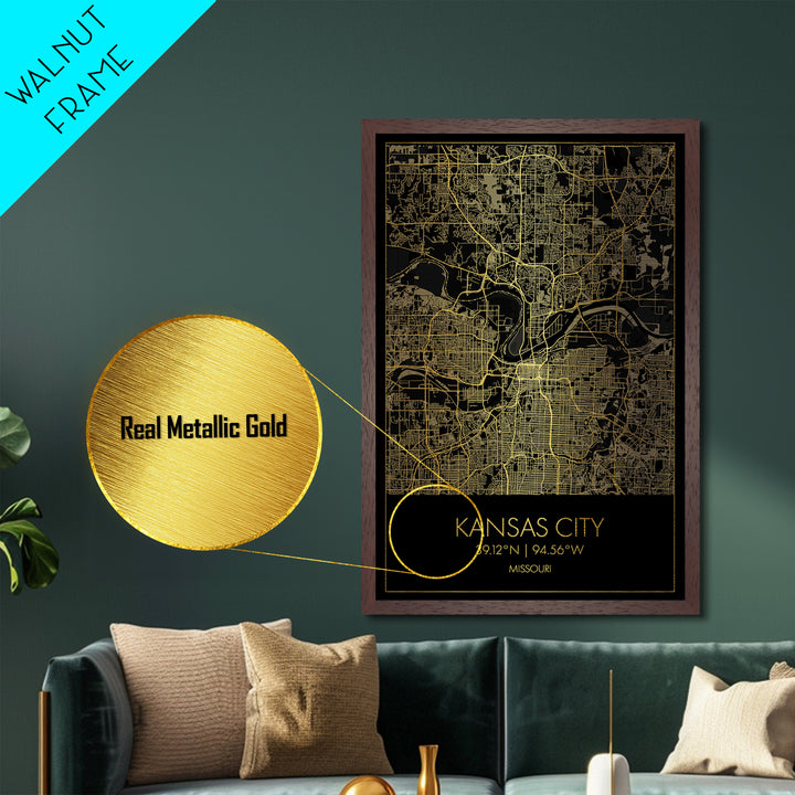 Kansas City Missouri City street map, Metallic Gold Print, Metal Art, wood framed map, black and gold, Street Map Art, Office Decor