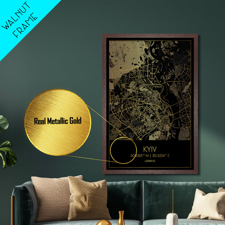 Kyiv Ukraine City street map, Metallic Gold Print, Metal Art, wood framed map, black and gold, Gold Street Map Art, Modern Wall Art