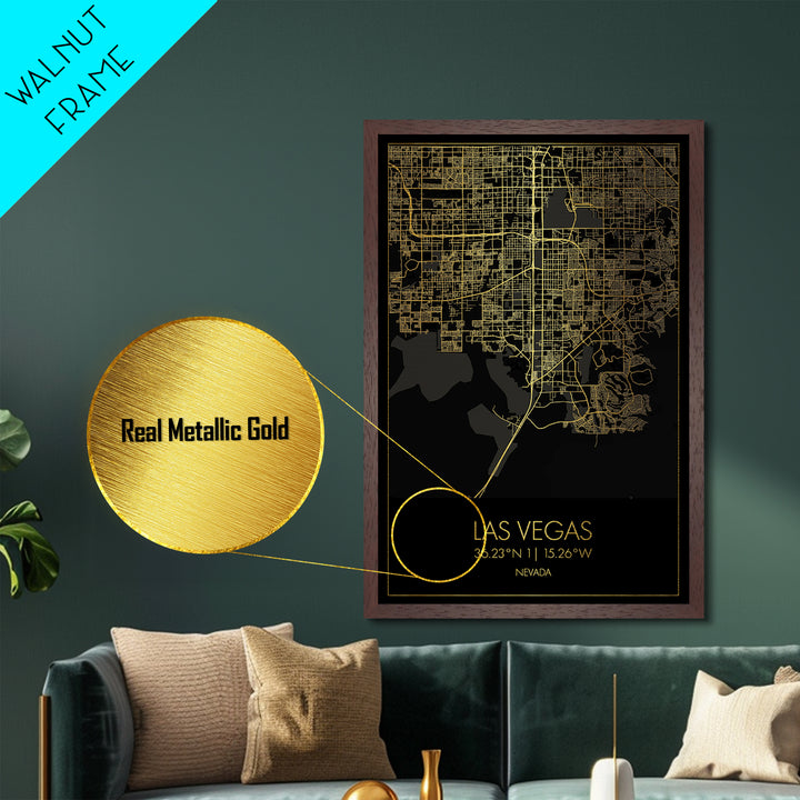 Las Vegas Nevada City street map, Metallic Gold Print, Metal Art, wood framed map, black and gold, Street Map Art, Office Decor