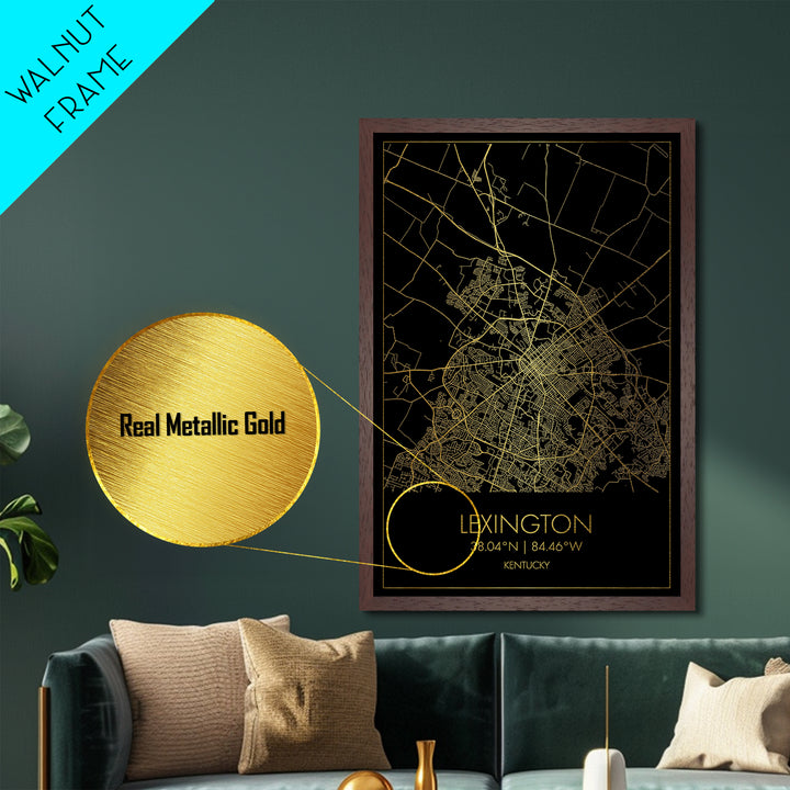 Lexington Kentucky City Poster, Metallic Gold Art, Metal Art, real wood frames, black and gold, Map Art, Best Friend Gifts