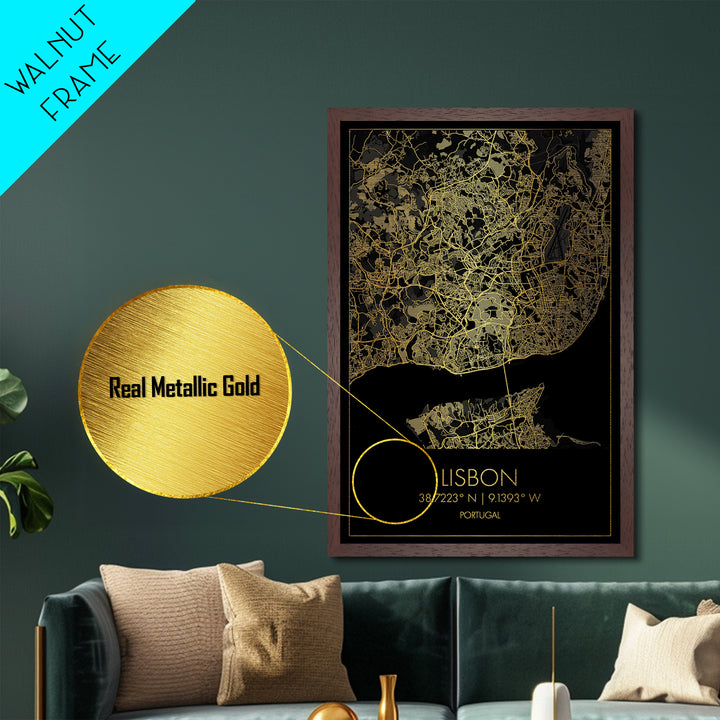 Lisbon Portugal City street map, Metallic Gold Print, Metal Art, wood framed map, black and gold, Street Map Art, Office Decor
