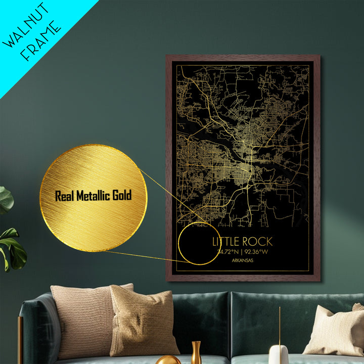 Little Rock Arkansas City Poster, Metallic Gold Art, Metal Art, real wood frames, black and gold, Map Art, Best Friend Gifts