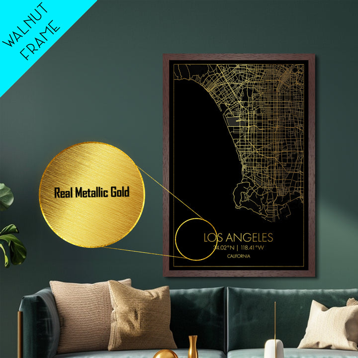 Los Angeles California City street map, Metallic Gold Print, Metal Art, wood framed map, black and gold, Street Map Art, Office Decor
