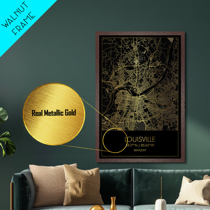 Louisville Kentucky City Poster, Metallic Gold Art, Metal Art, real wood frames, black and gold, Map Art, Best Friend Gifts