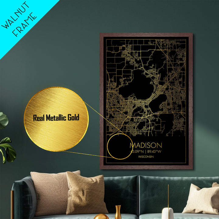 Madison Wisconsin City Poster, Metallic Gold Art, Metal Art, real wood frames, black and gold, Minimalist Wall Art, Map Print Poster