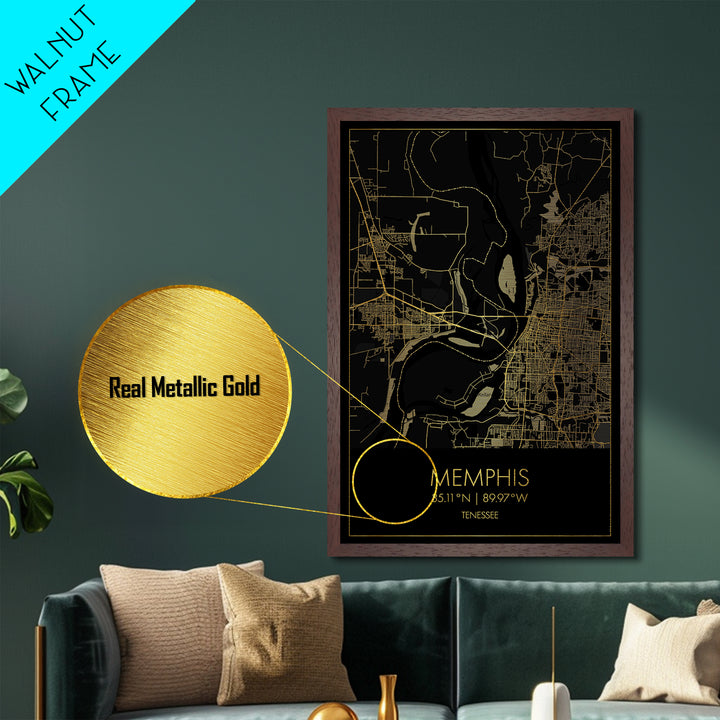 Memphis Tennessee City street map, Metallic Gold Print, Metal Art, wood framed map, black and gold, Street Map Art, Office Decor