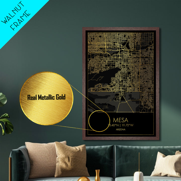 Mesa Arizona City Poster, Metallic Gold Art, Metal Art, real wood frames, black and gold, Map Art, Best Friend Gifts