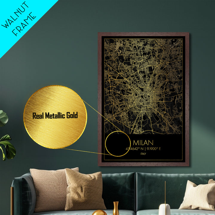 Milan Italy City Poster, Metallic Gold Art, Metal Art, real wood frames, black and gold, Minimalist Wall Art, Map Print Poster