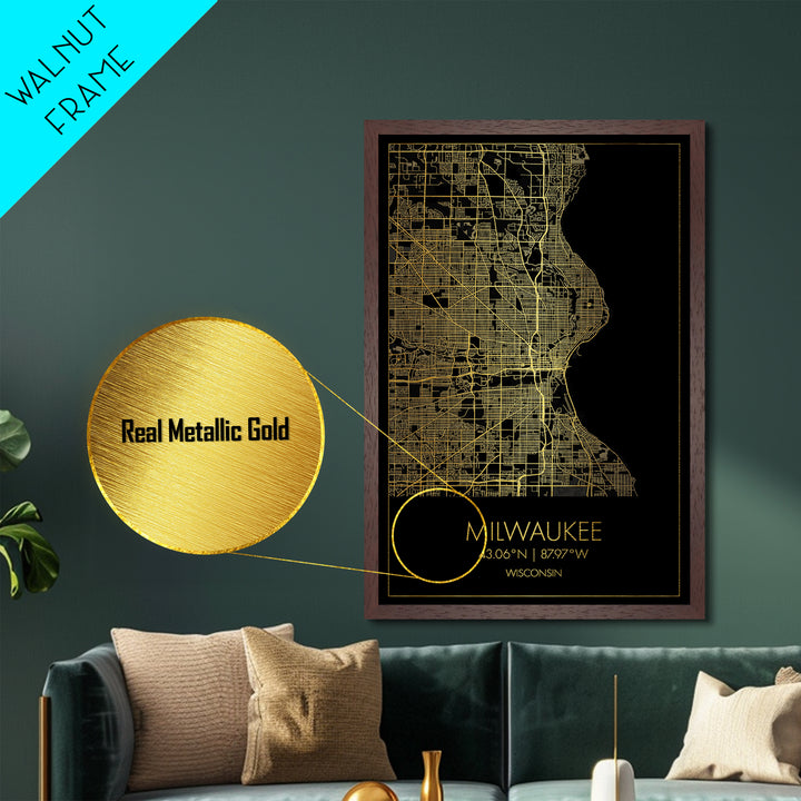 Milwaukee Wisconsin City street map, Metallic Gold Print, Metal Art, wood framed map, black and gold, Street Map Art, Office Decor
