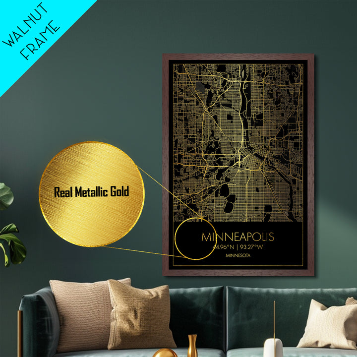 Minneapolis Minnesota City Poster, Metallic Gold Art, Metal Art, real wood frames, black and gold, Map Art, Best Friend Gifts