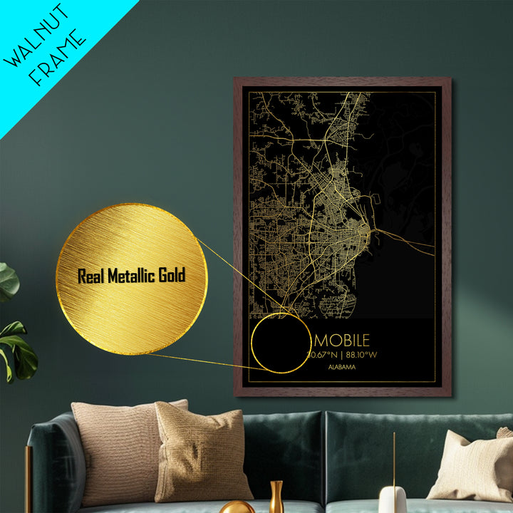 Mobile Alabama City street map, Metallic Gold Print, Metal Art, wood framed map, black and gold, Gold Street Map Art, Modern Wall Art