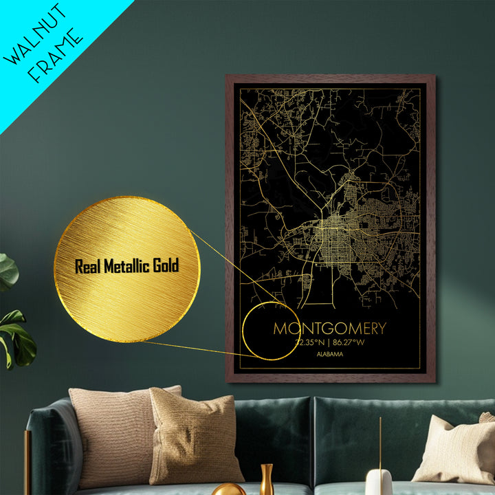 Montgomery Alabama City street map, Metallic Gold Print, Metal Art, wood framed map, black and gold, Street Map Art, Office Decor