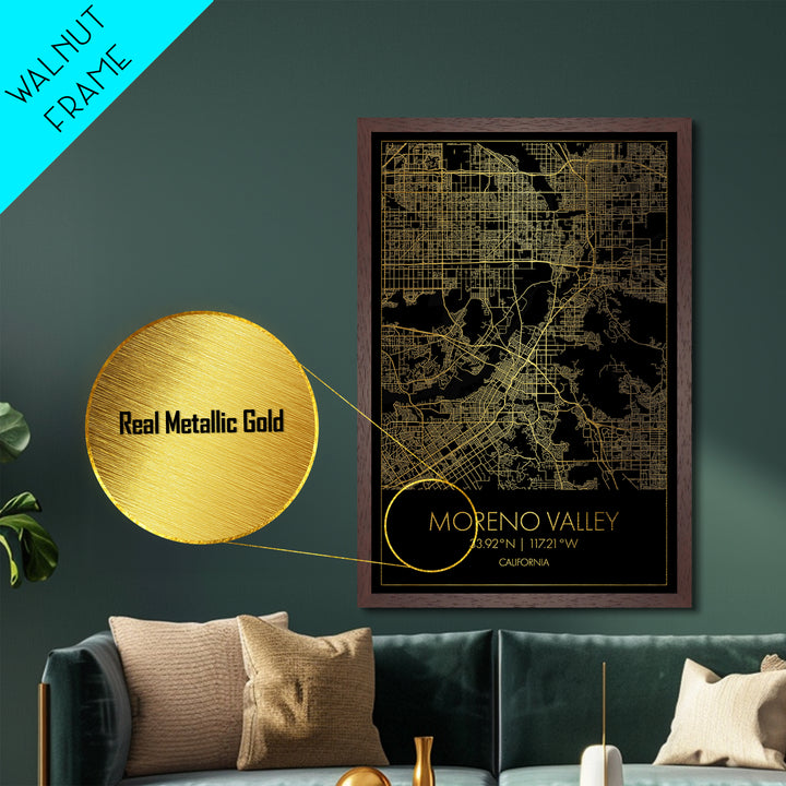 Moreno Valley California City Poster, Metallic Gold Art, Metal Art, real wood frames, black and gold, Map Art, Best Friend Gifts