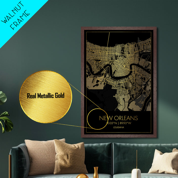 New Orleans Louisiana City street map, Metallic Gold Print, Metal Art, wood framed map, black and gold, Gold Street Map Art, Modern Wall Art