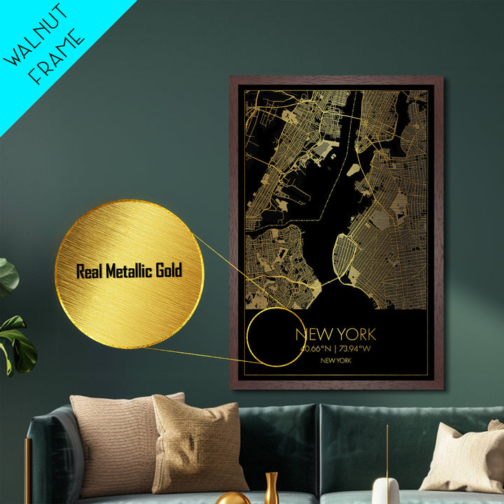 New York New York City street map, Metallic Gold Print, Metal Art, wood framed map, black and gold, Street Map Art, Office Decor