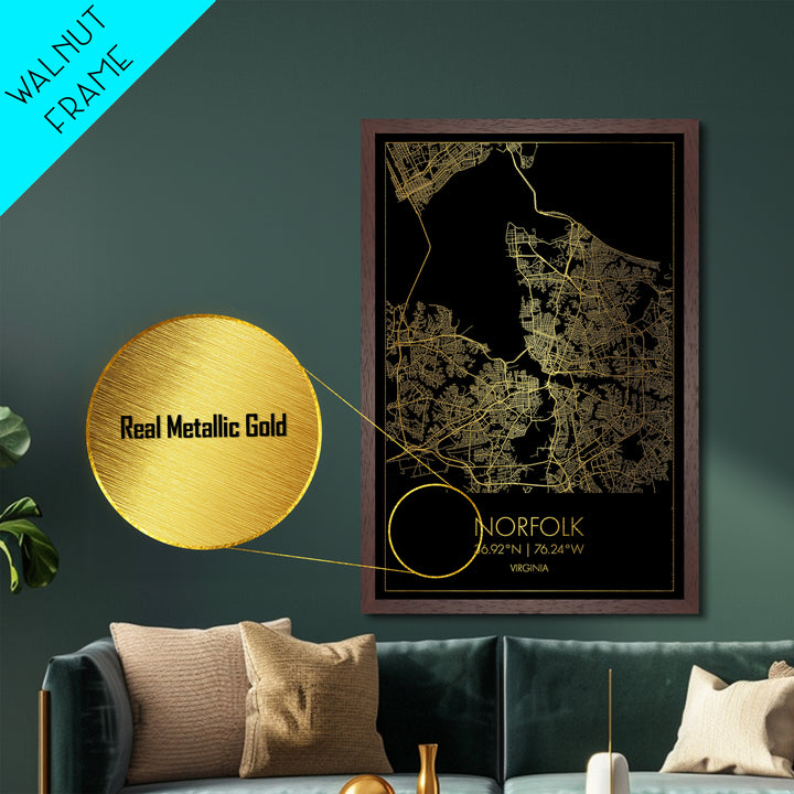 Norfolk Virginia City Poster, Metallic Gold Art, Metal Art, real wood frames, black and gold, Map Art, Best Friend Gifts