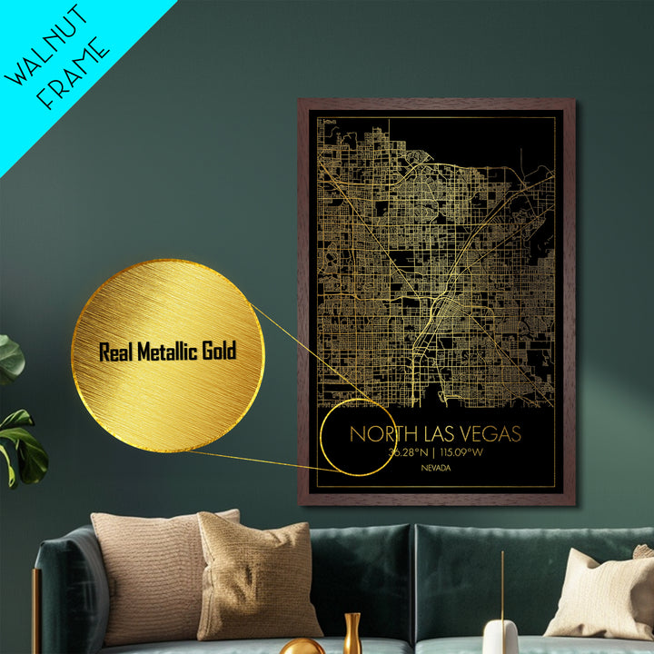 North Las Vegas Nevada map, Metallic Gold Print, Metal Art, wood framed map, black and gold, Gold Street Map Art, Modern Wall Art