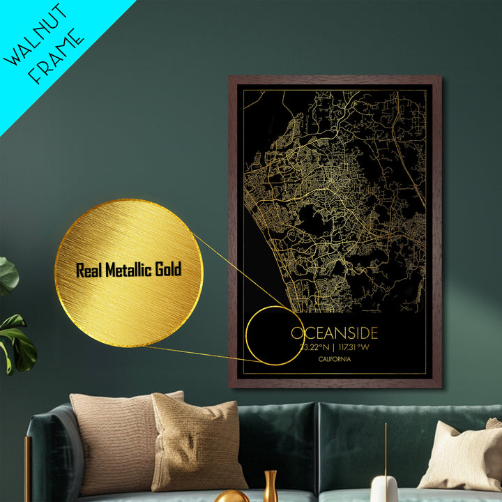 Oceanside California City street map, Metallic Gold Print, Metal Art, wood framed map, black and gold, Street Map Art, Office Decor