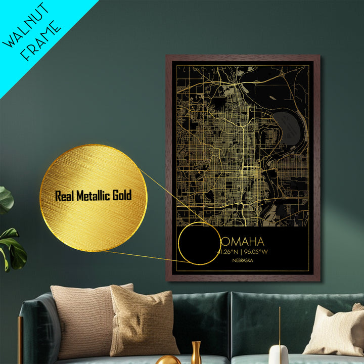 Omaha Nebraska City street map, Metallic Gold Print, Metal Art, wood framed map, black and gold, Gold Street Map Art, Modern Wall Art