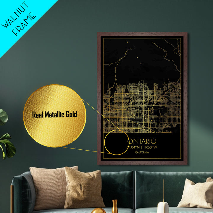 Ontario California City Poster, Metallic Gold Art, Metal Art, real wood frames, black and gold, Minimalist Wall Art, Map Print Poster
